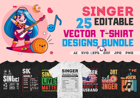 Singer 25 Editable T-shirt Designs Bundle
