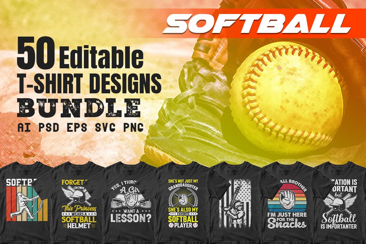 Softball 50 Editable T-shirt Designs Bundle Part 1