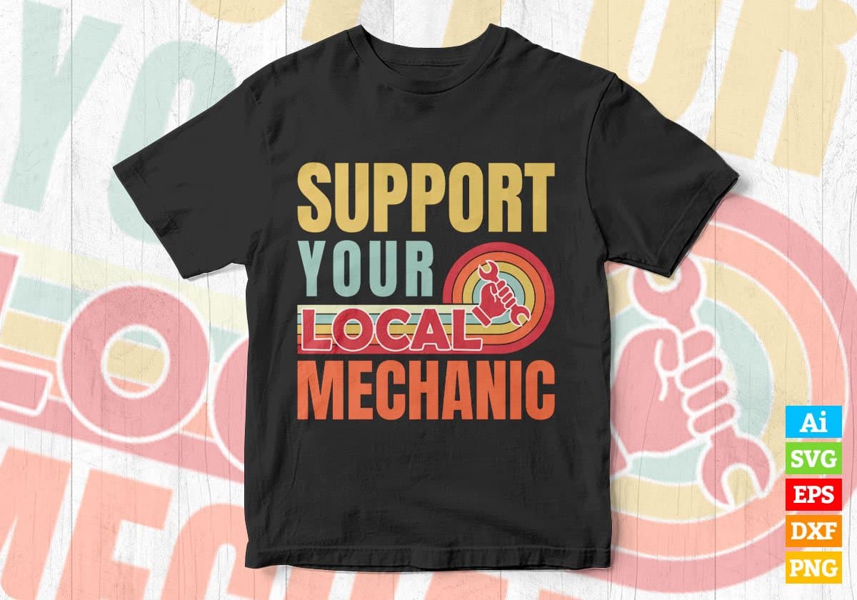 Support Your Local Mechanic Gifts Retro Vintage Editable Vector T-shirt Designs Png Svg Files