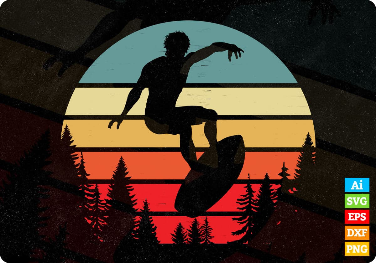 Surfboard Man Mountain T shirt Design In Ai Svg Printable Files