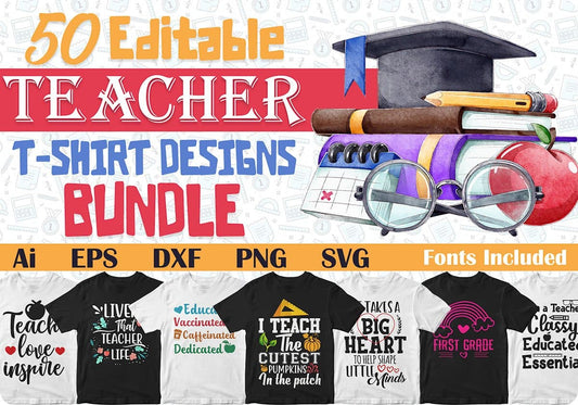 Teacher 50 Editable T-shirt Designs Bundle Part 1