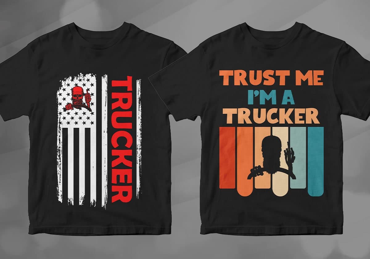 trucker with american flag, trust me i'm a trucker with a trucker skeleton giving the middle finger
