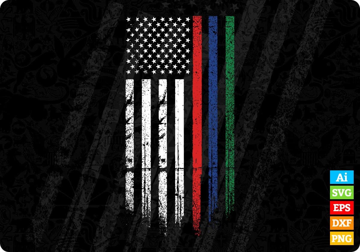 USA Flag Thin Red Blue Green Line Tee Police Firefighters Military Editable T shirt Design In Ai Svg Cutting Printable Files