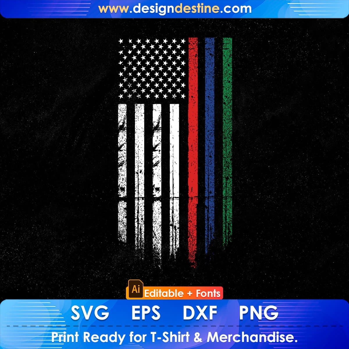 USA Flag Thin Red Blue Green Line Tee Police Firefighters Military Editable T shirt Design In Ai Svg Cutting Printable Files