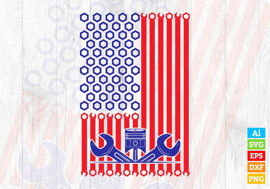 USA Red Blue Flag Mechanic T shirt Design In Png Svg Cutting Printable Files