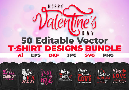 Valentine's Day 50 Editable T-shirt Designs Bundle Part 1