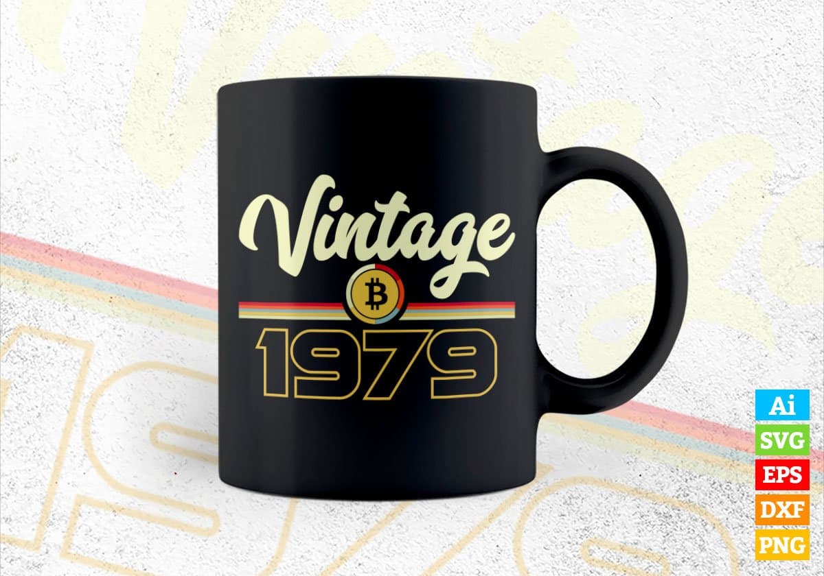 Vintage 1979 of 43rd Birthday for Bitcoin Lovers Editable Vector T-shirt Design in Ai Svg Png Files