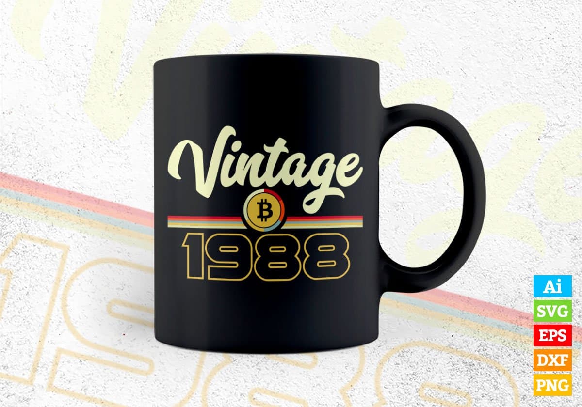 Vintage 1988 of 34th Birthday for Bitcoin Lovers Editable Vector T-shirt Design in Ai Svg Png Files