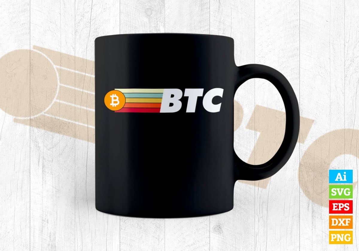 Vintage BTC Crypto Currency with Bitcoin Logo Editable Vector T-shirt Design in Ai Svg Png Printable Files