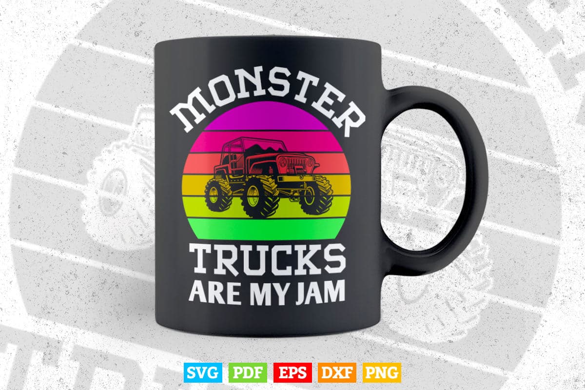 Vintage Retro Sunset Funny Monster Truck Are My Jam In Svg Png Files.
