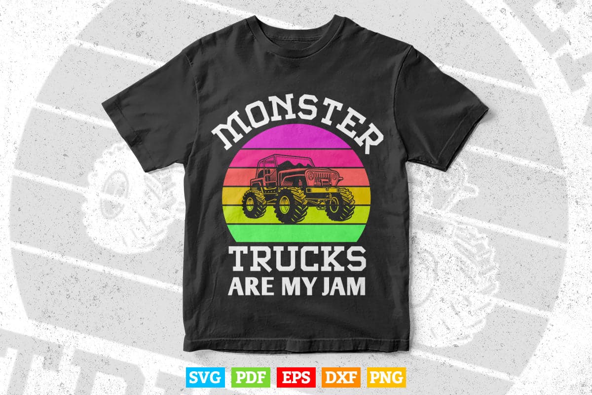Vintage Retro Sunset Funny Monster Truck Are My Jam In Svg Png Files.