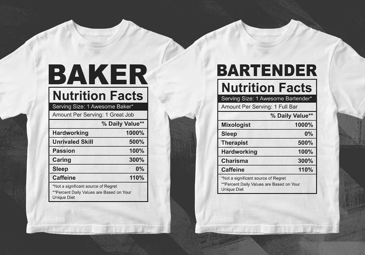 50 Professions Funny Nutrition Facts Editable Vector T-shirt