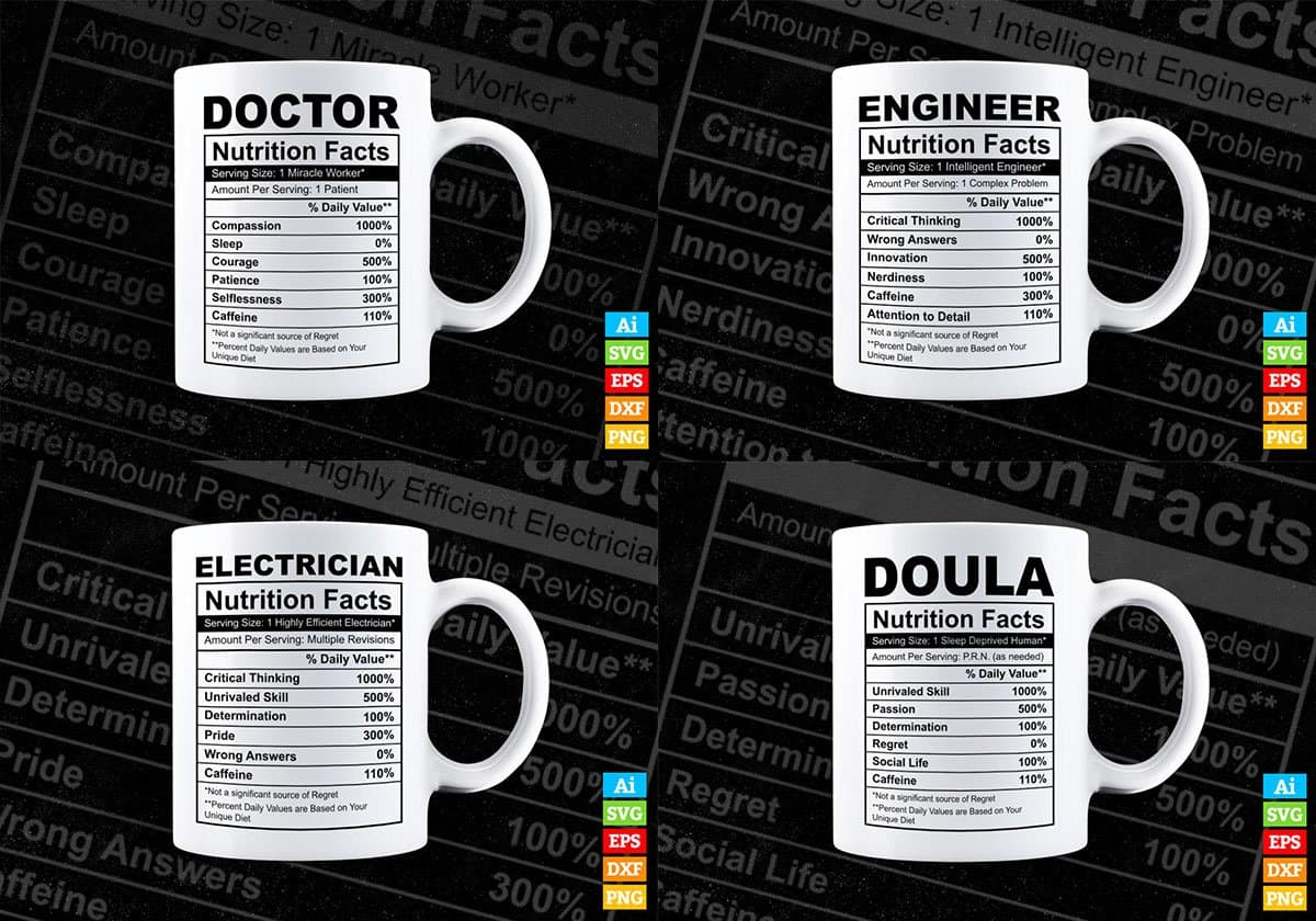 50 Professions Funny Nutrition Facts Editable Vector T-shirt