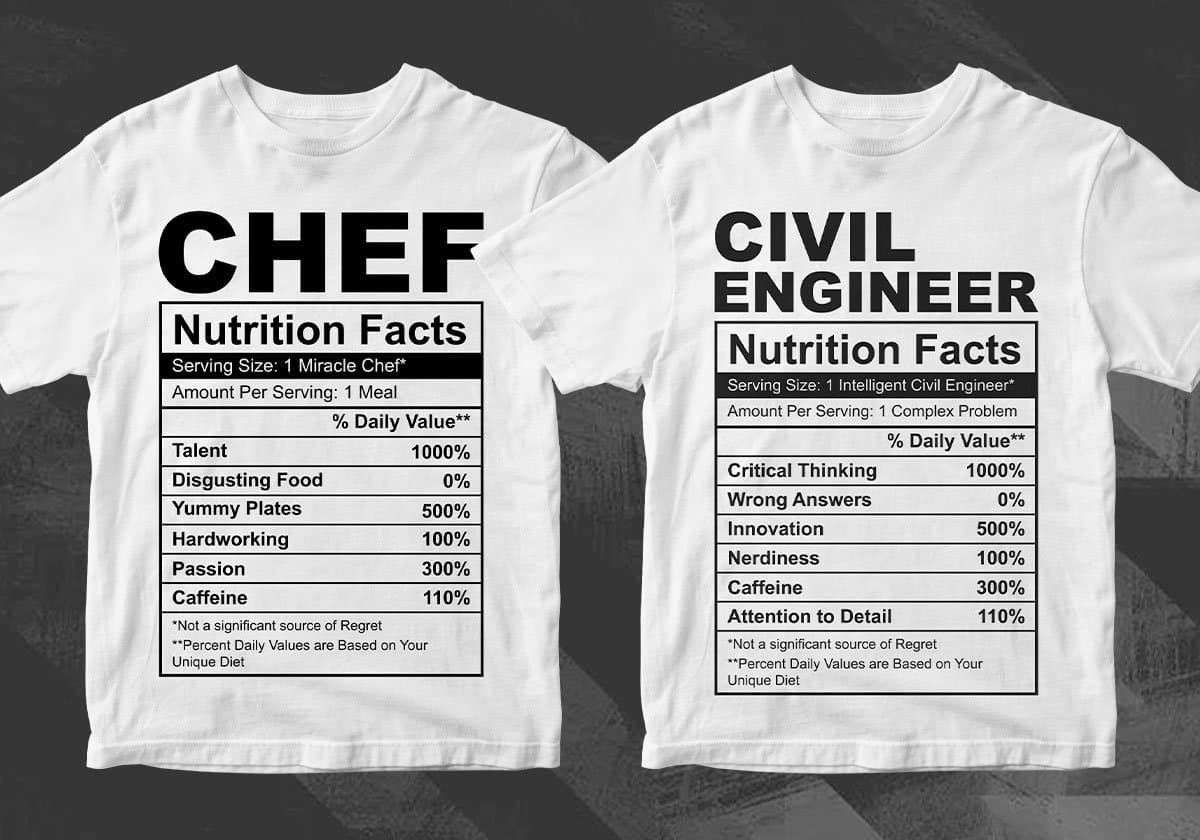 50 Professions Funny Nutrition Facts Editable Vector T-shirt