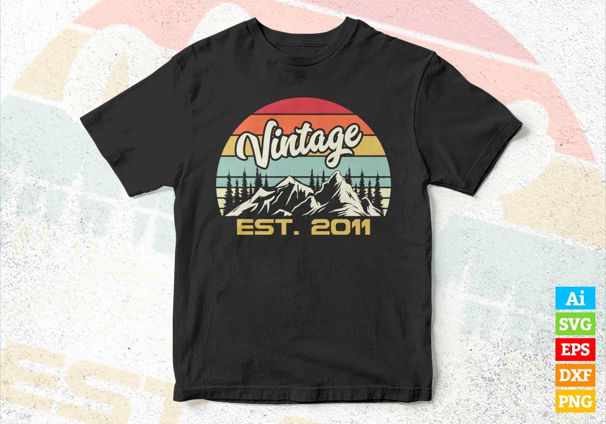 11th Birthday of Mountain Hiking Lovers Outdoor Vintage Editable Vector T-shirt Design in Ai Svg Png Files