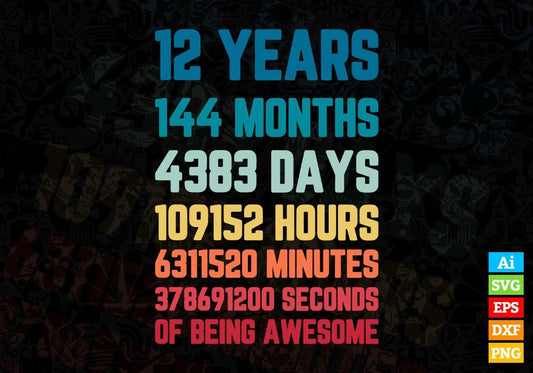 12 Years 144 Months Old Kids Vintage Birthday Editable Vector T-shirt Design Svg Files