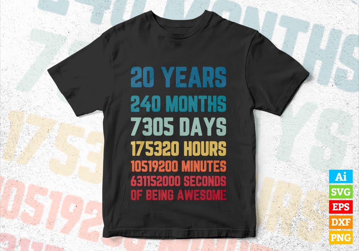 20 Years 240 Months Old Young Men Woman Vintage Birthday Editable Vector T-shirt Design Svg Files