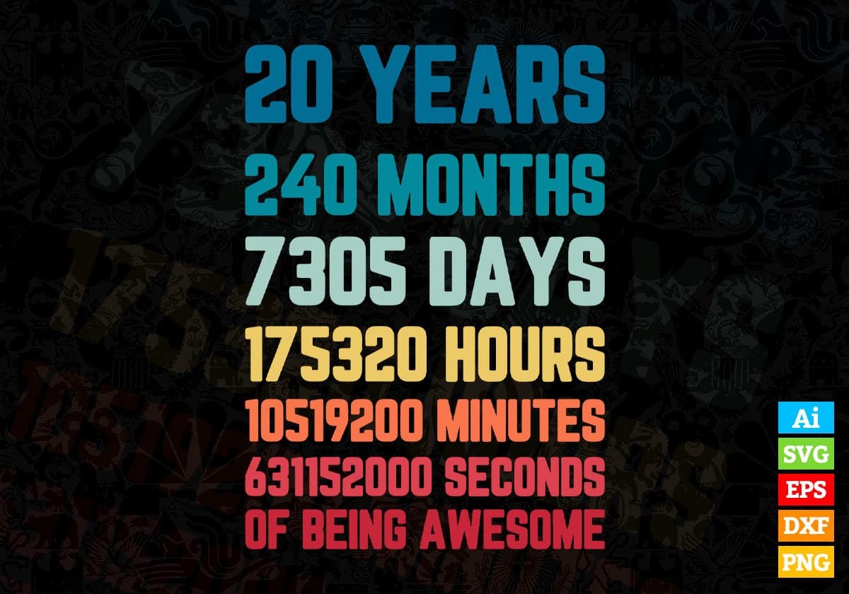 20 Years 240 Months Old Young Men Woman Vintage Birthday Editable Vector T-shirt Design Svg Files