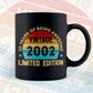 20 Years Of Being Awesome Vintage 2002 Limited Edition 20th Birthday Editable Vector T-shirt Designs Svg Files
