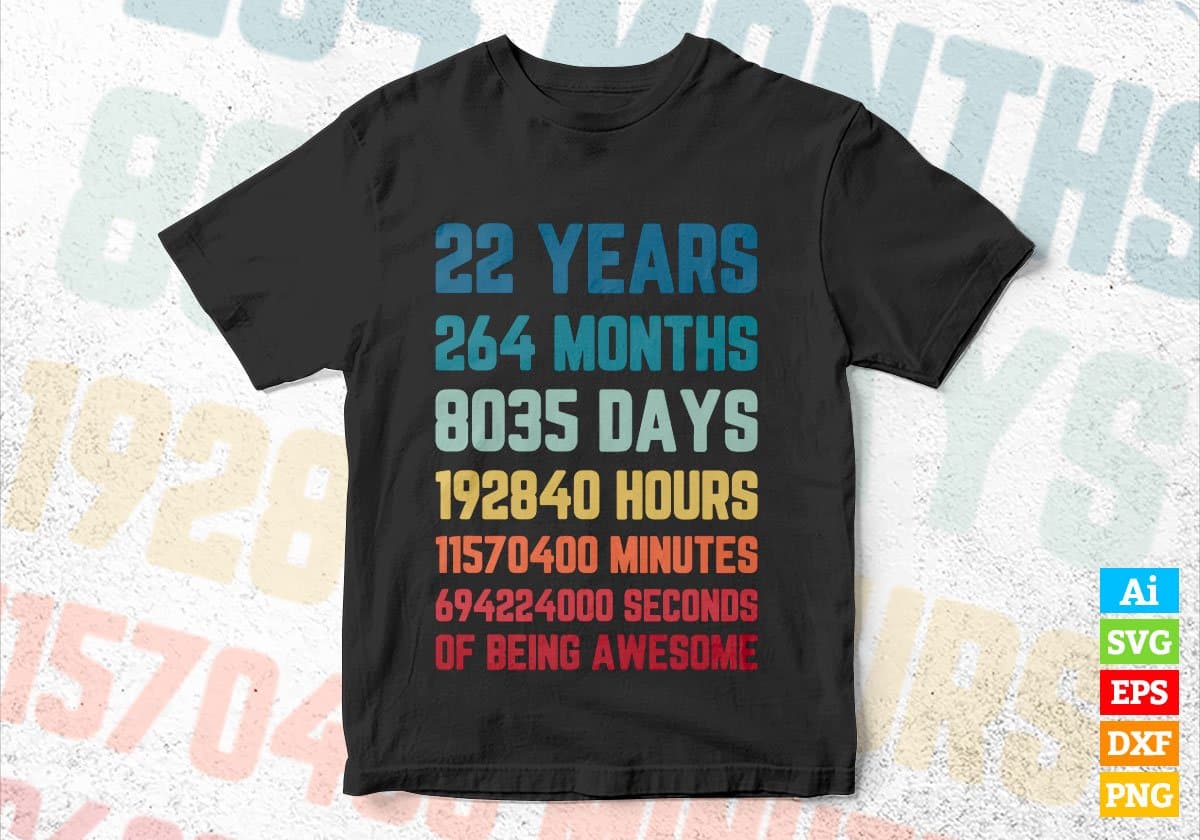 22 Years 264 Months Old Young Men Woman Vintage Birthday Editable Vector T-shirt Design Svg Files