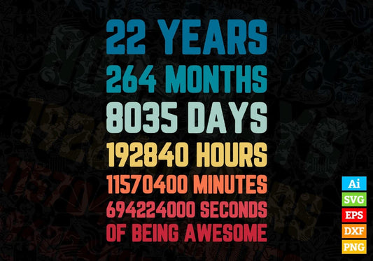 22 Years 264 Months Old Young Men Woman Vintage Birthday Editable Vector T-shirt Design Svg Files