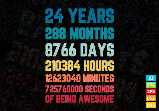 24 Years 288 Months Old Young Men Woman Vintage Birthday Editable Vector T-shirt Design Svg Files