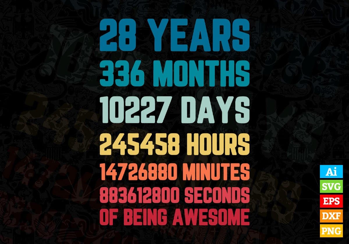 28 Years 336 Months Old Young Men Woman Vintage Birthday Editable Vector T-shirt Design Svg Files