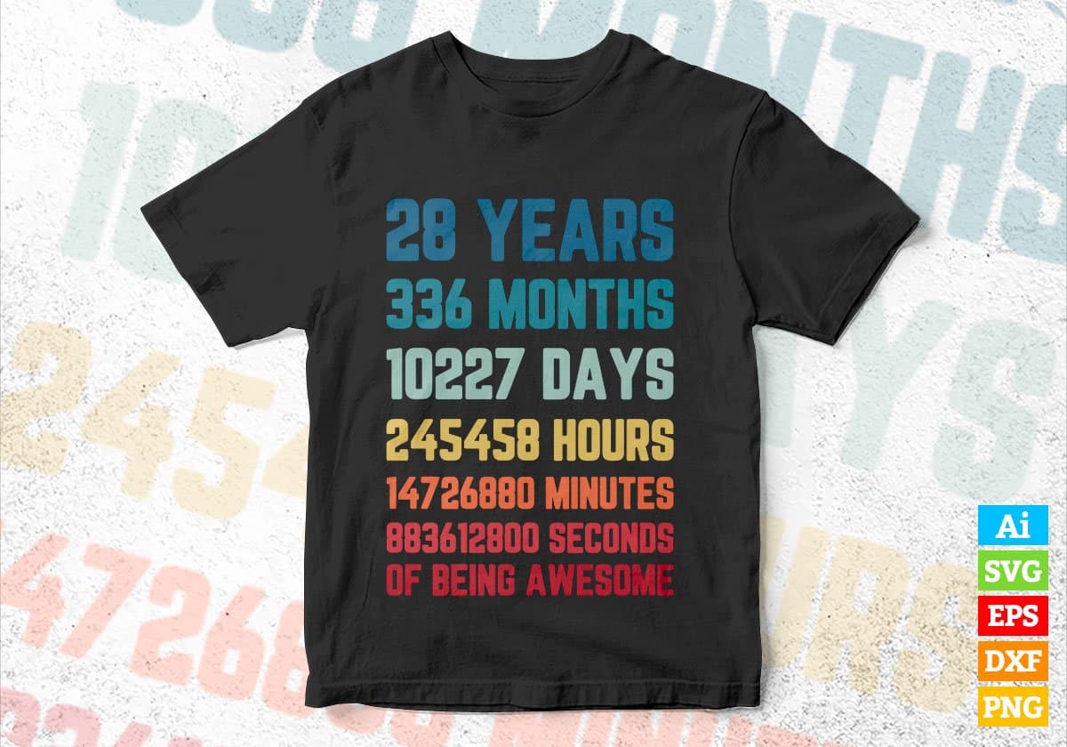 28 Years 336 Months Old Young Men Woman Vintage Birthday Editable Vector T-shirt Design Svg Files