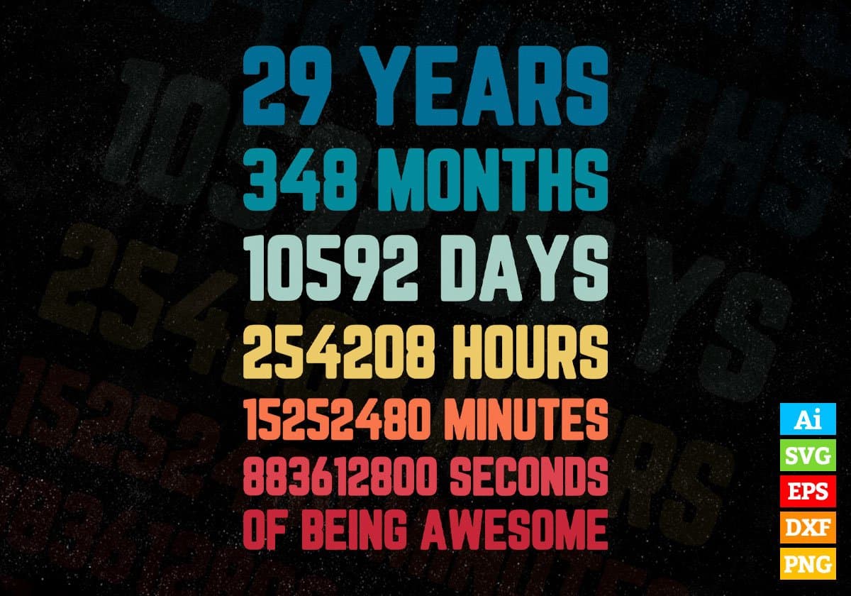 29 Years 348 Months Old Young Men Woman Vintage Birthday Editable Vector T-shirt Design Svg Files