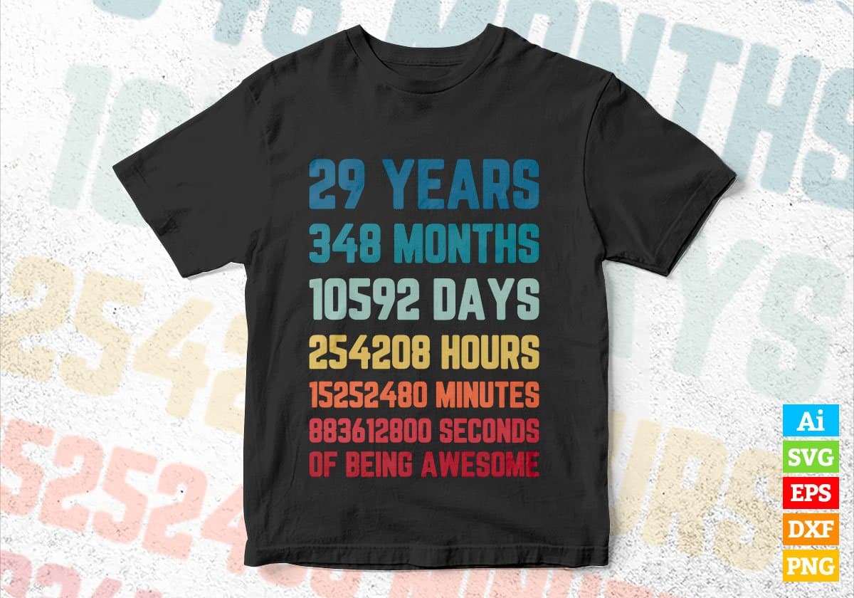 29 Years 348 Months Old Young Men Woman Vintage Birthday Editable Vector T-shirt Design Svg Files