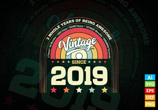 3 Whole Years of Being Awesome Since 2019 Vintage Birthday Editable Vector T-shirt Design in Ai Svg Png Files