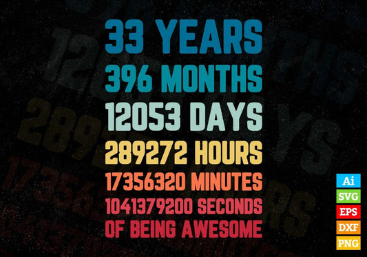 33 Years 396 Months Old Young Men Woman Vintage Birthday Editable Vector T-shirt Design Svg Files