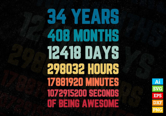 34 Years 408 Months Old Young Men Woman Vintage Birthday Editable Vector T-shirt Design Svg Files