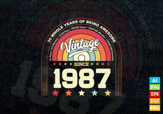 35 Whole Years of Being Awesome Since 1987 Vintage Birthday Editable Vector T-shirt Design in Ai Svg Png Files