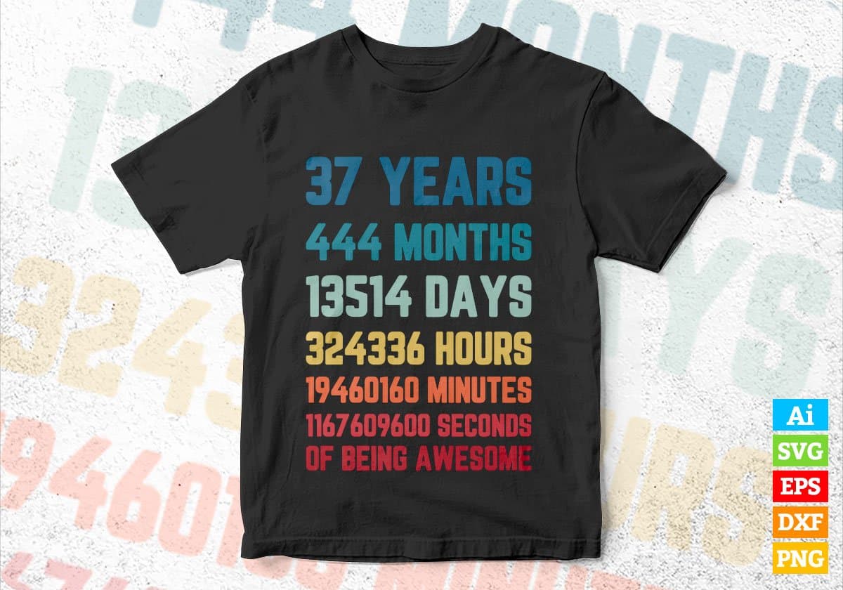 37 Years 444 Months Old Young Men Woman Vintage Birthday Editable Vector T-shirt Design Svg Files