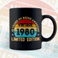 42 Years Of Being Awesome Vintage 1980 Limited Edition 42st Birthday Editable Vector T-shirt Designs Svg Files