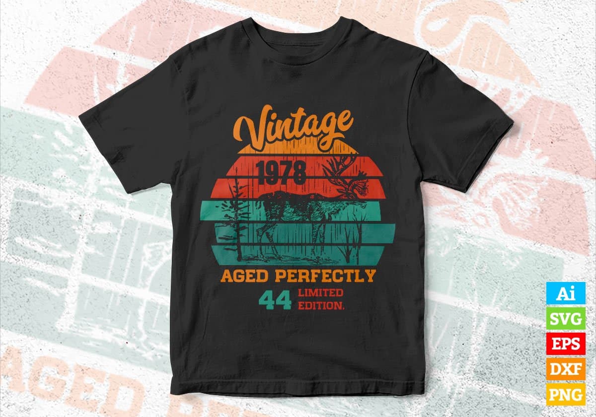 44th Birthday for Deer Hunter Vintage Hunting Editable Vector T-shirt Design in Ai Svg Png Files