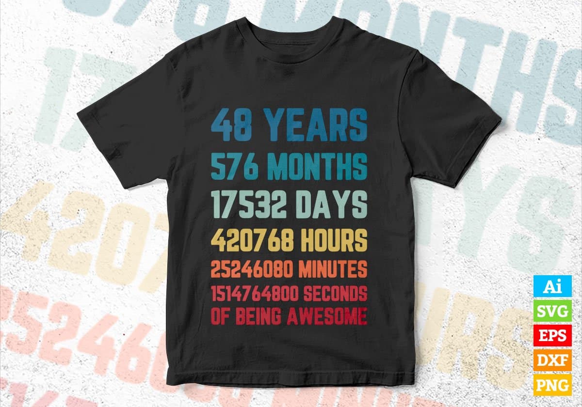 48 Years 576 Months Old Young Men Woman Vintage Birthday Editable Vector T-shirt Design Svg Files