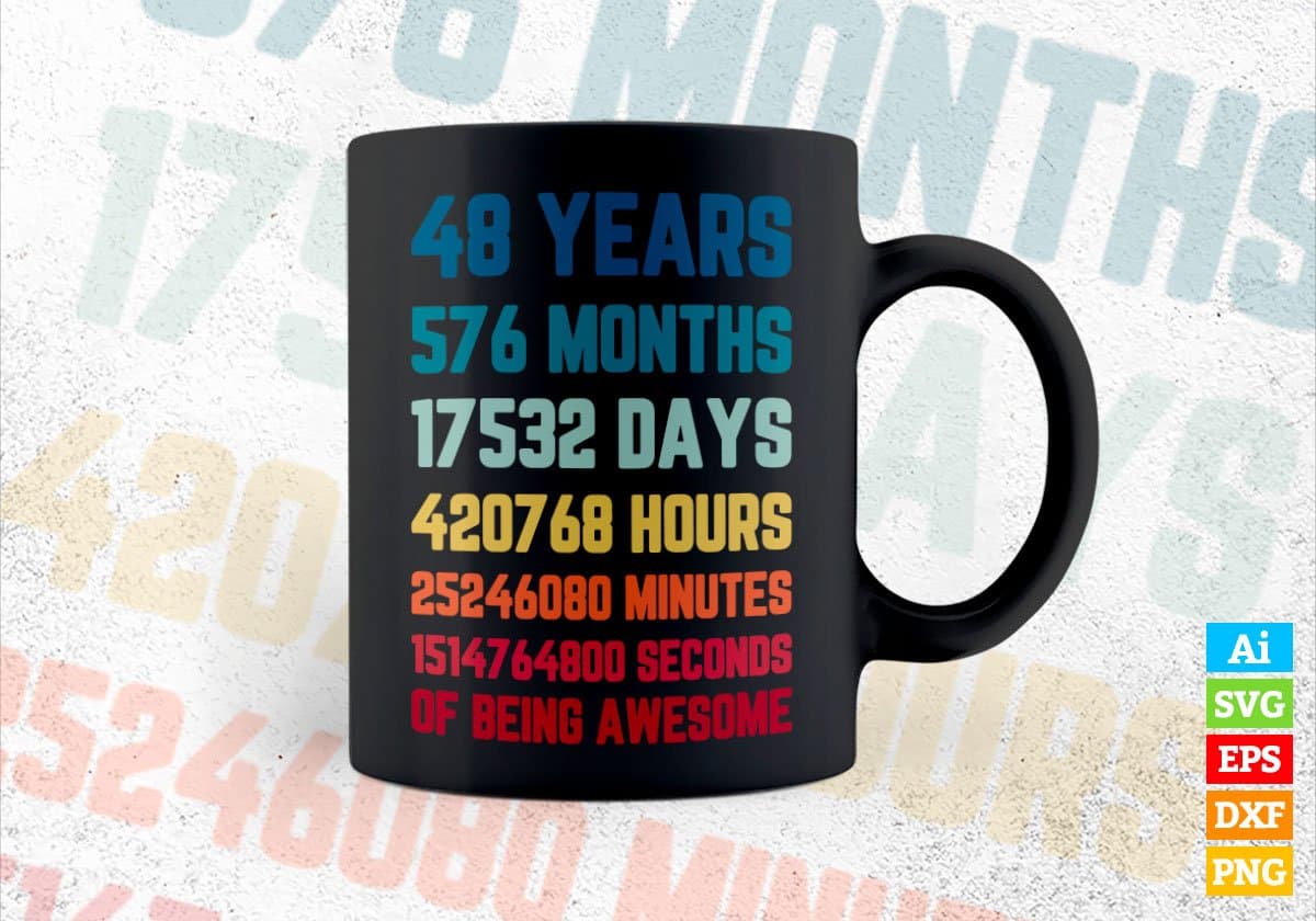 48 Years 576 Months Old Young Men Woman Vintage Birthday Editable Vector T-shirt Design Svg Files