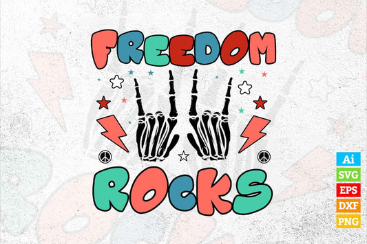 4th Of July Freedom Rocks Rocker Skeleton Vintage Retro Vector T shirt Design in Ai Png Svg Files