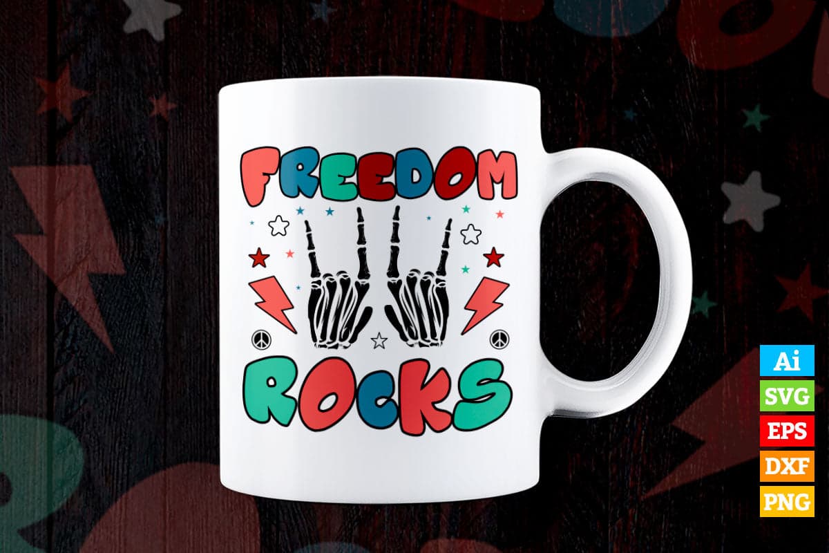 4th Of July Freedom Rocks Rocker Skeleton Vintage Retro Vector T shirt Design in Ai Png Svg Files