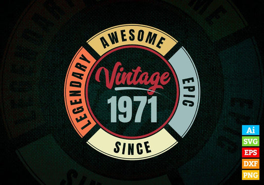 51st Birthday for Legendary Awesome Epic Since 1971 Vintage Editable Vector T-shirt Design in Ai Svg Files