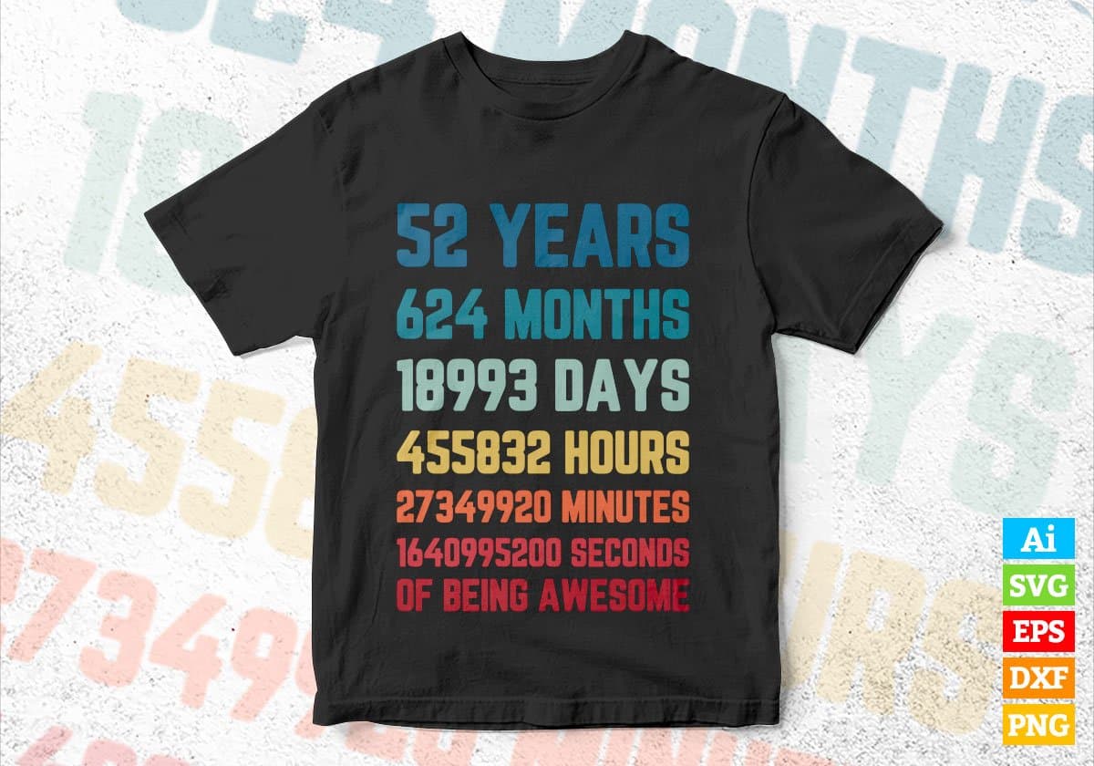52 Years 624 Months Old Men Vintage Birthday Editable Vector T-shirt Design Svg Files