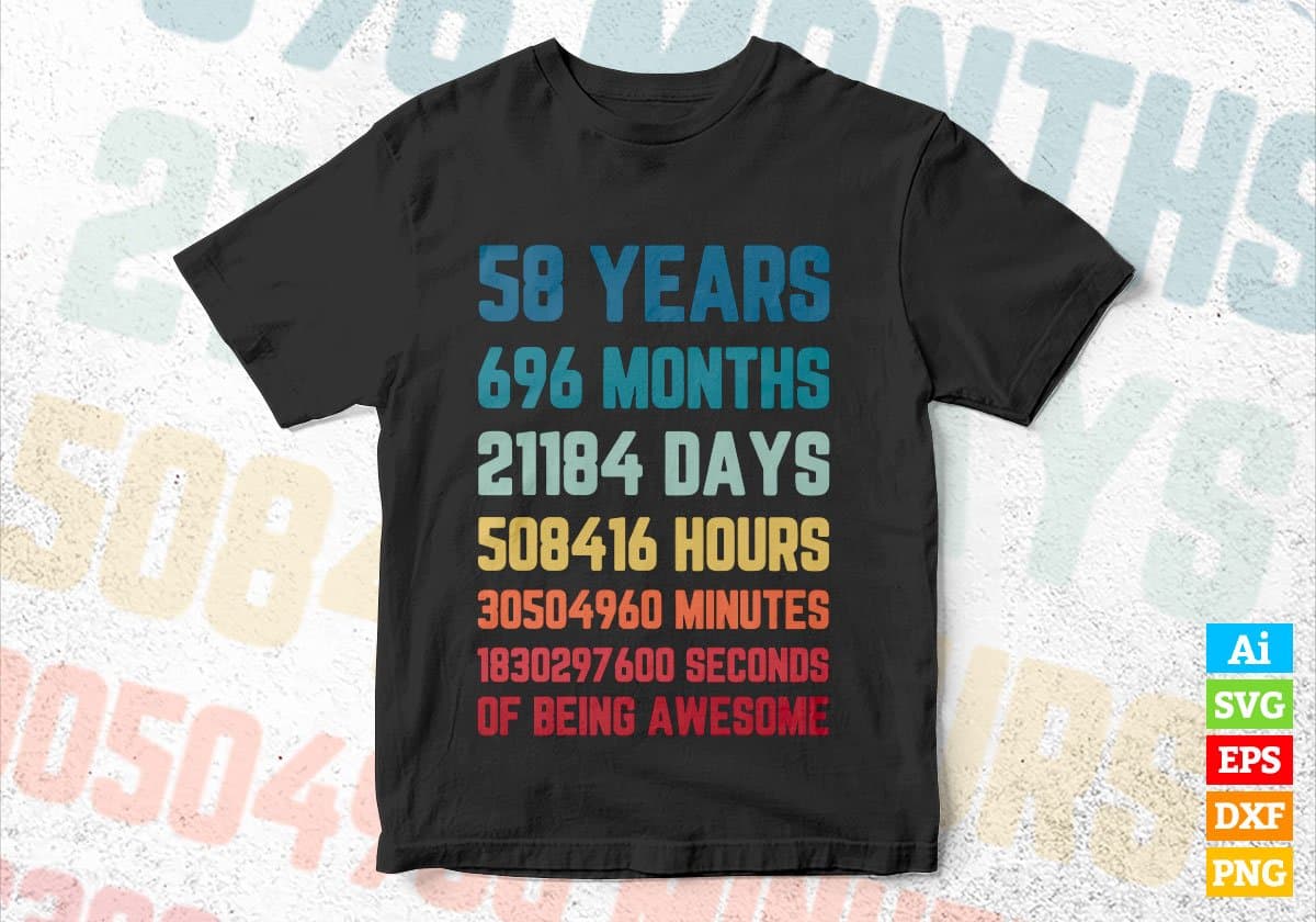 58 Years 696 Months Old Men Vintage Birthday Editable Vector T-shirt Design Svg Files
