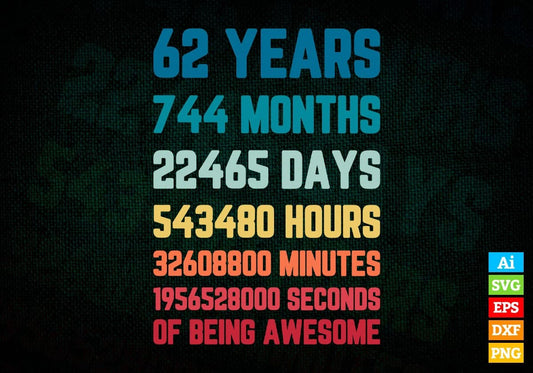 62 Years 744 Months Old Men Vintage Birthday Editable Vector T-shirt Design Svg Files