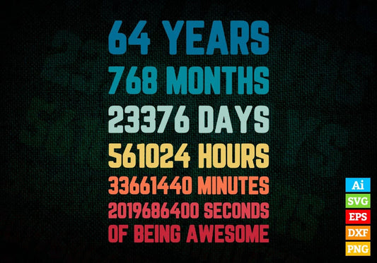 64 Years 768 Months Old Men Vintage Birthday Editable Vector T-shirt Design Svg Files