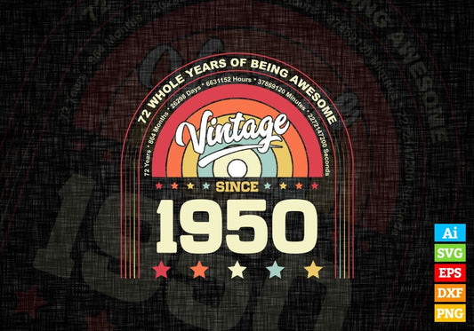 72 Whole Years of Being Awesome Since 1950 Vintage Birthday Editable Vector T-shirt Design in Ai Svg Png Files