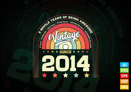 8 Whole Years of Being Awesome Since 2014 Vintage Birthday Editable Vector T-shirt Design in Ai Svg Png Files