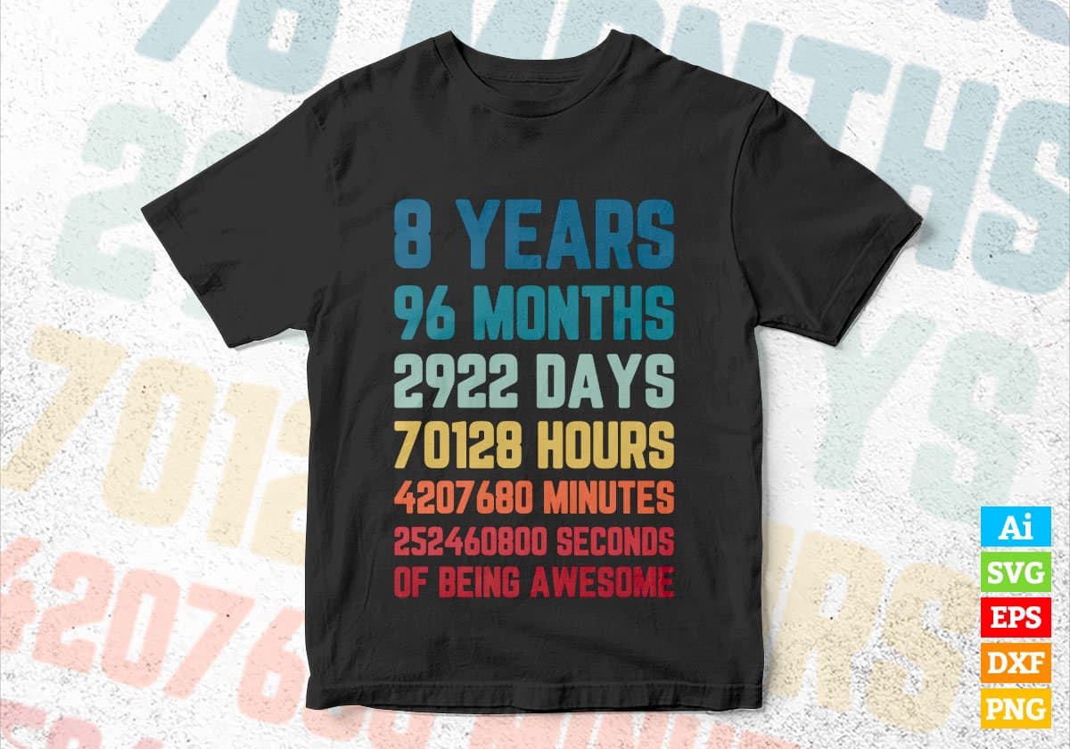 8 Years 96 Months Old Kids Vintage Birthday Editable Vector T-shirt Design Svg Files