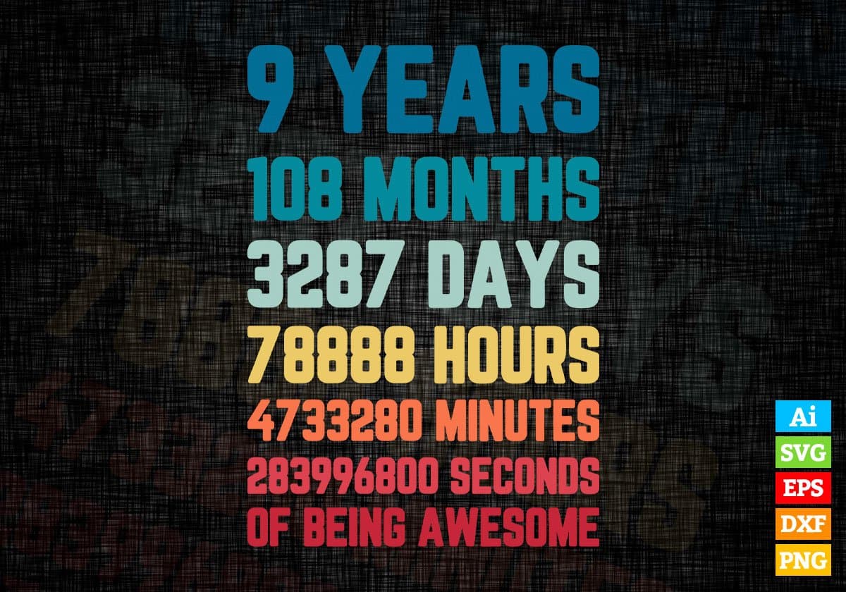 9 Years 108 Months Old Kids Vintage Birthday Editable Vector T-shirt Design Svg Files